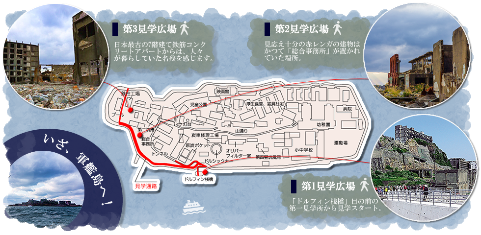 いざ、軍艦島へ! 第1見学広場 「ドルフィン桟橋」目の前の第一見学所から見学スタート 第2見学広場 見応え充分の赤レンガの建物はかつて「総合事務所」が置かれていた場所。 台見学広場 日本最古の 7階建て鉄筋コンクリートアパートからは、人々が暮らしていた名残を感じます。