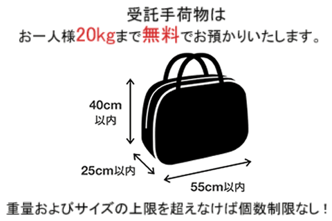 受託手荷物はお一人様20kgまで無料でお預かりいたします。高さ+幅+奥行き 重量及びサイズの上限を超えなければ個数制限なし!