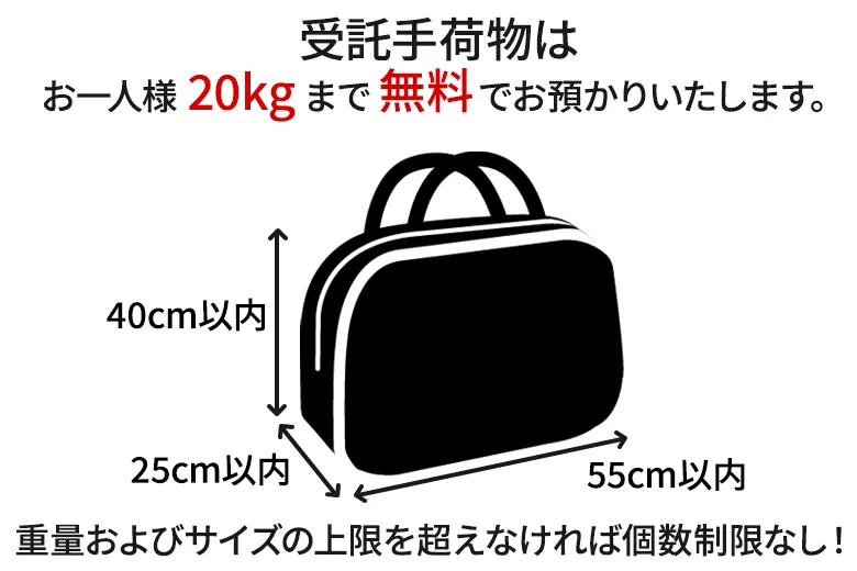 受託手荷物はお一人様20kgまで無料でお預かりいたします。高さ+幅+奥行き 重量及びサイズの上限を超えなければ個数制限なし!