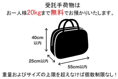 受託手荷物はお一人様20kgまで無料でお預かりいたします。高さ+幅+奥行き 重量及びサイズの上限を超えなければ個数制限なし！